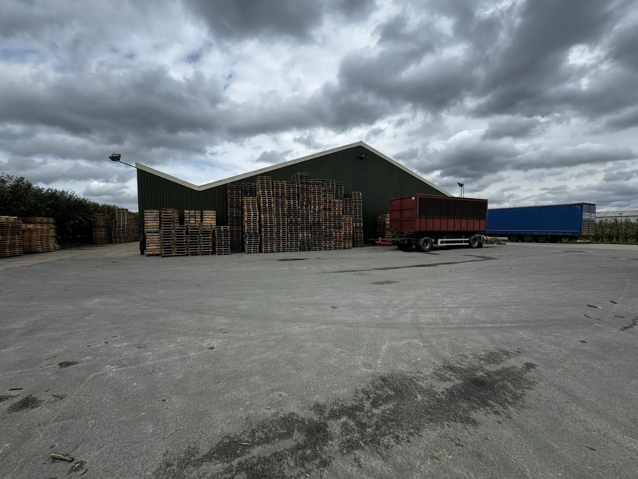 Opslagterrein aan de Graaf van Lynden van Sandenburgweg met opgestapelde houten pallets, een loods en twee vrachtwagenopleggers.